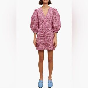 Maje Pink Floral V-Neck Ruched Mini Dress